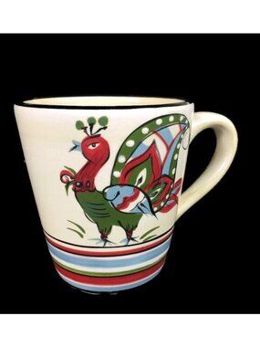 Tabletops Gallery Hand Painted Bright colors Peacock Rooster Coffee Mug 13 oz.